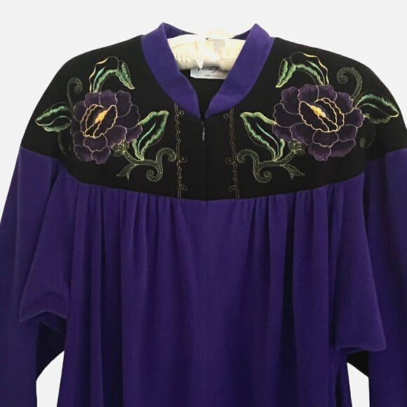 Vtg Vanity Fair Long Robe M Purple Floral Velour Quilted Housecoat Grannycore - Picture 4 of 12